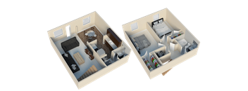 Two 3D images of a room layout with furniture.
