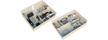 Two 3d floor plans of a house.