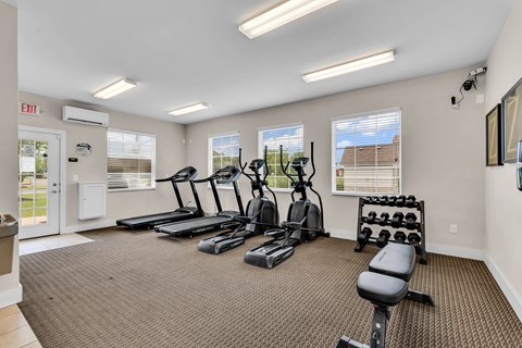 A gym with treadmills, elliptical machines, and dumbbells.