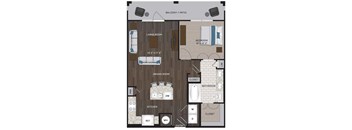 A floor plan of a house with a living room, dining room, kitchen, and bathroom.