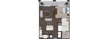 A floor plan of an apartment with a living room, dining room, kitchen, bedroom, bathroom, and closet.