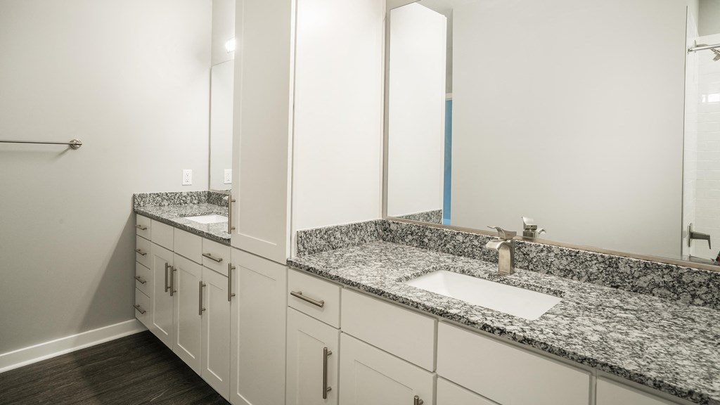 a bathroom with granite counter tops and two sinks