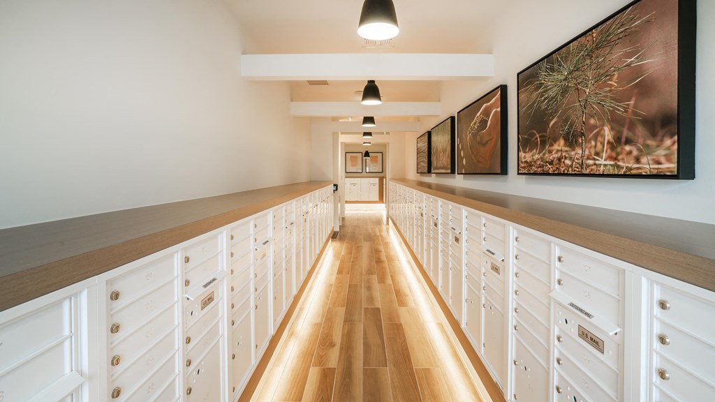 a long hallway with white cabinets and wood floors and a long row of drawers
