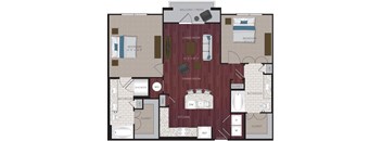 A floor plan of an apartment with a living room, dining room, kitchen, and bedrooms.