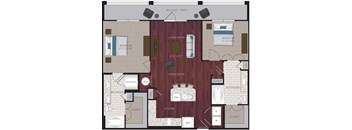 A floor plan of an apartment with a living room, dining room, kitchen, and multiple bedrooms.