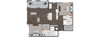 A floor plan of a house with a living room, dining room, kitchen, and two bedrooms.