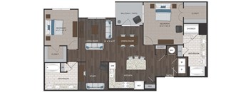 A floor plan of an apartment with a living room, dining room, kitchen, study, bedrooms, bathrooms, and a balcony.