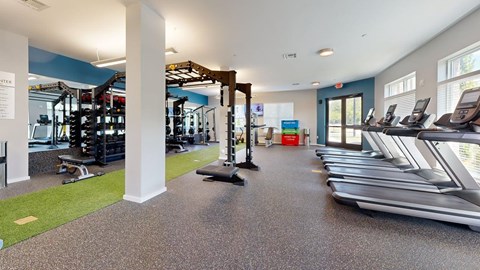 A gym with treadmills, weights, and exercise equipment.