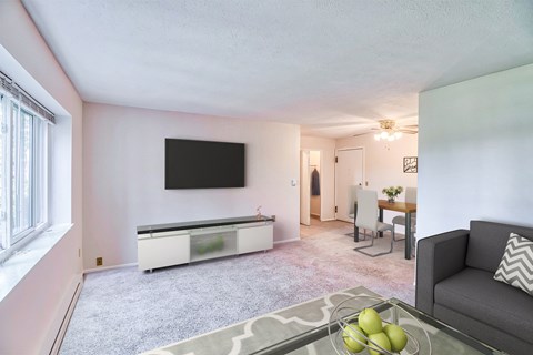 A living room with a grey couch, a flat screen TV, and a glass coffee table with fruit on it.