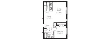 A floor plan of a living space showing a kitchen, dining area, and bedroom.