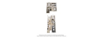 3-bedroom, 2 1/2-bath apartment floorplan with two levels, a one-car attached garage, full bedroom and 1 1/2 baths on main level, and two additional full bedrooms and one bath on the top.