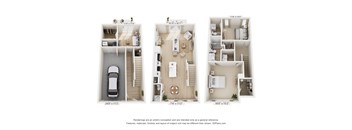 2-bedroom, 2 1/2-bath apartment floorplan with three levels, an attached 1 car garage on the 1st level accompanied by a flex living space, open-concept kitchen and living space on the main floor, and two full beds and baths on the top floor.