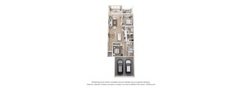 A 3D floor plan of a house with two cars parked in the garage.