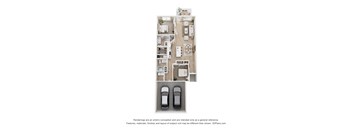 A 3D floor plan of a house with two cars parked in the garage.