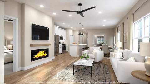 A modern living room with a fireplace and a flat screen TV mounted on the wall.