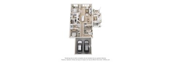 A 3D floor plan of a house with two cars parked in the garage.
