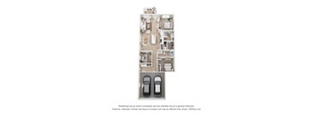 A floor plan of a house with two bedrooms, two bathrooms, a living room, a kitchen, and a garage.