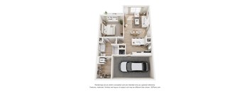A 3D floor plan of a house with a kitchen, living room, bedrooms and a garage.