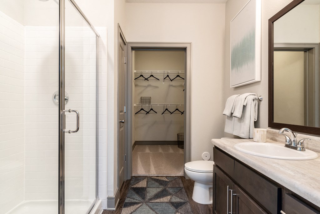 a bathroom with a shower and a sink and a toilet