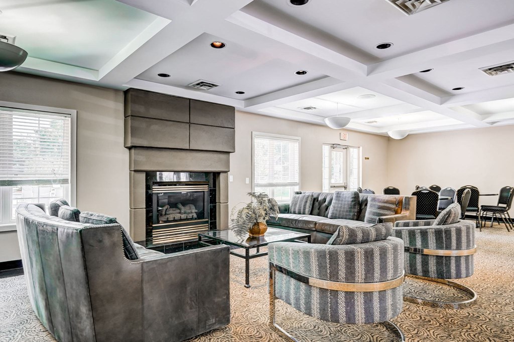 a living room with couches and chairs and a fireplace