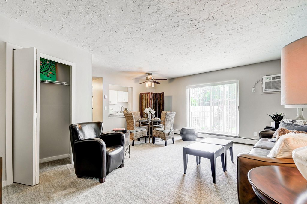 a living room with a couch and a table