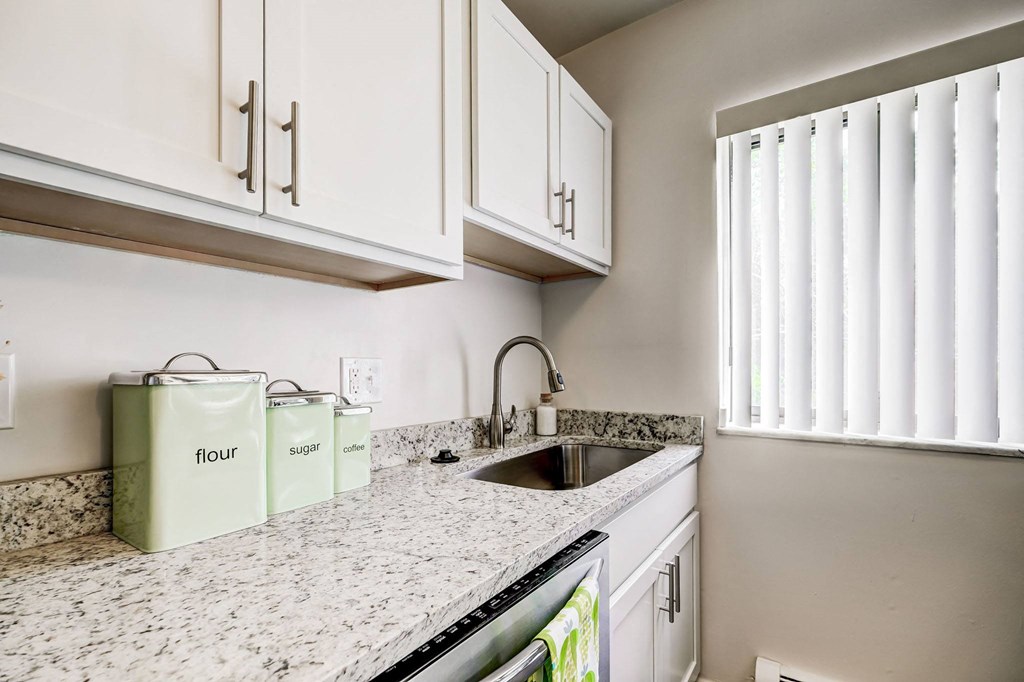 a kitchen with white cabinets and a sink and a window