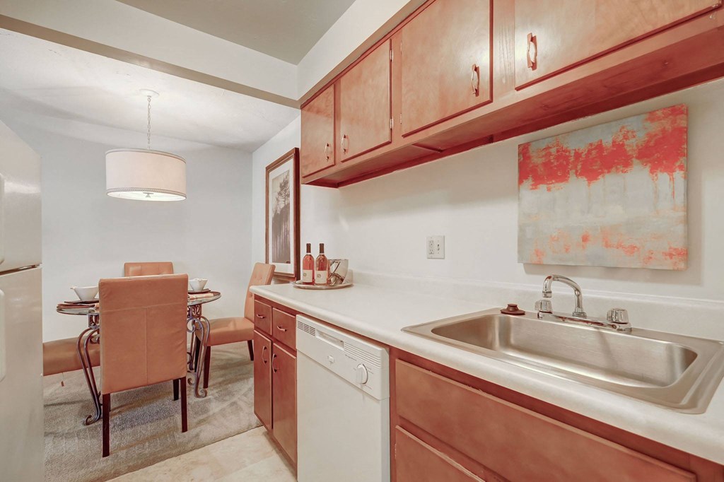 a kitchen with a sink and a table with chairs