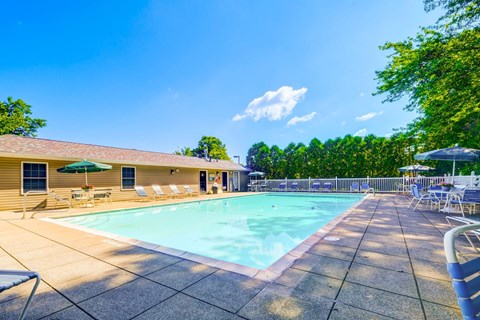A large outdoor swimming pool surrounded by lounge chairs and umbrellas.