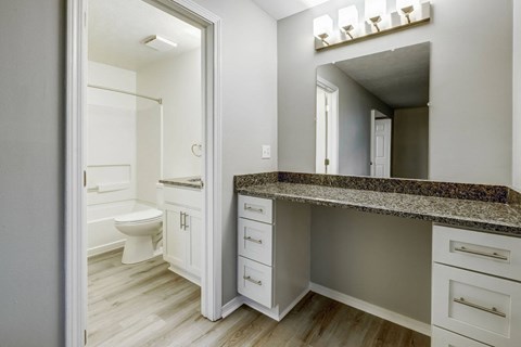 A bathroom with a toilet, sink, and mirror.