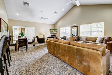 A living room with a brown couch and a television.
