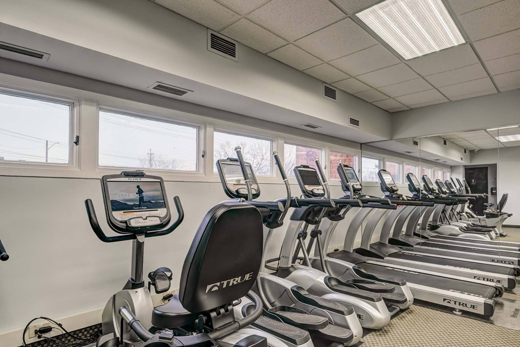 a row of cardio machines in a gym