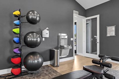 A gym room with a row of exercise balls and a bench.