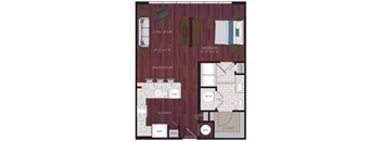 A floor plan of a small apartment with a living room, dining room, kitchen, and bedrooms.