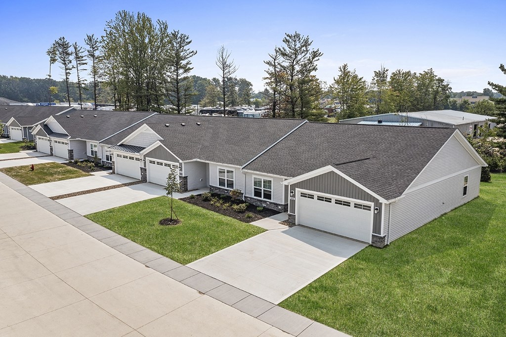 a group of houses in a neighborhood with trees in the background