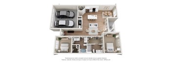 A 3D floor plan of a house with a kitchen, living room, dining room, and two bedrooms.