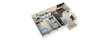 A 3D floor plan of a small apartment with a kitchen, living room, and bedroom.