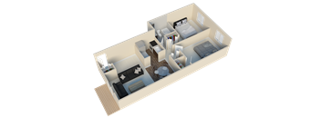 A 3D rendered image of a house layout.