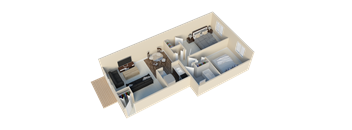 A 3D image of a house layout with a living room, kitchen, and bedrooms.