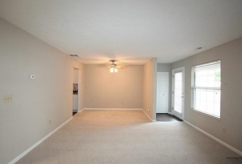 A spacious empty room with a carpeted floor and a window on the right side.