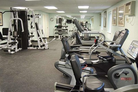 A gym with treadmills, weights, and other exercise equipment.