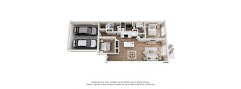 a stylized 3d floor plan of a house with a garage and a car