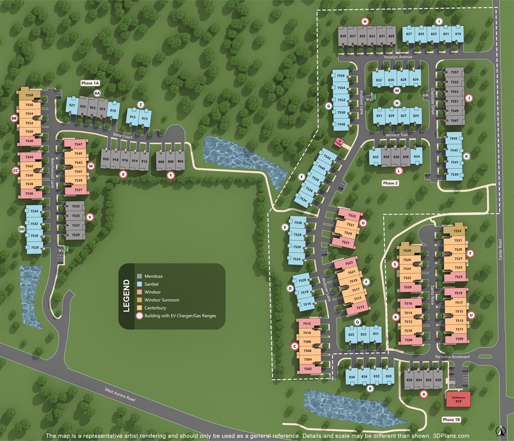 a site map of a campus with buildings and a parking lot