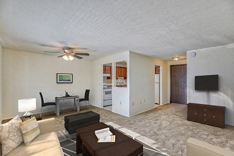 A living room with a couch, chair, and television.