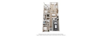 A 3D floor plan of a house with a kitchen, living room, and bathroom.