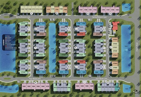 A map of a residential area with streets labeled as Spring Blossom Lane, Four Winds Lane, and others.