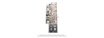 A 3D floor plan of a house with two cars parked in the garage.