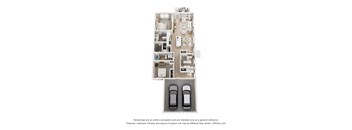A 3D floor plan of a house with two cars parked in the garage.