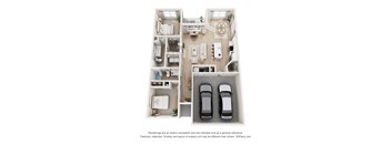 A 3D floor plan of a house with two bedrooms, a living room, a kitchen, a bathroom, and two parking spaces.