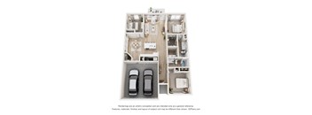 A 3D floor plan of a house with two bedrooms, a living room, a kitchen, a dining room, and two parking spaces.