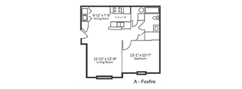 A floor plan of a living room, dining room, and bedroom in a Foxfire model.